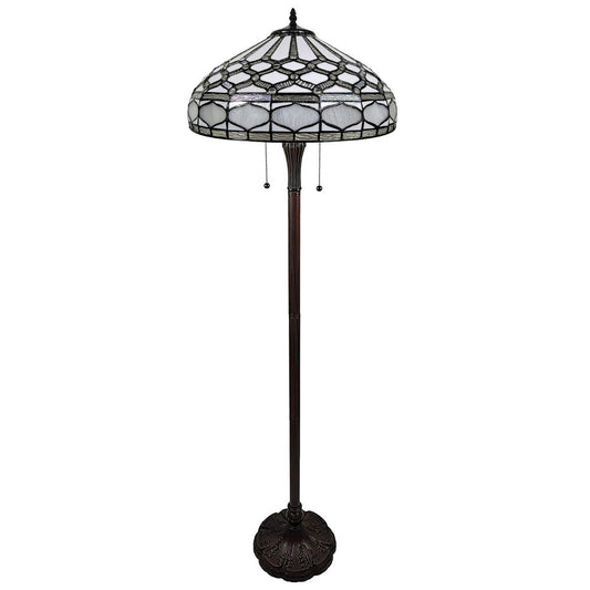 62" Brown And White Two Light Torchiere Floor Lamp With White Geometric Glass Dome Shade
