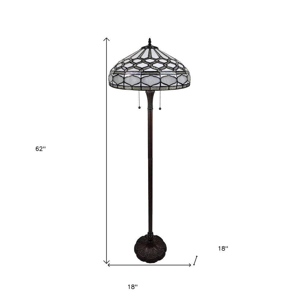 62" Brown And White Two Light Torchiere Floor Lamp With White Geometric Glass Dome Shade