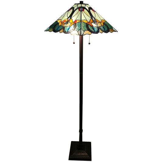 62" Espresso Two Light Torchiere Floor Lamp With Blue Flowers Glass Cone Shade