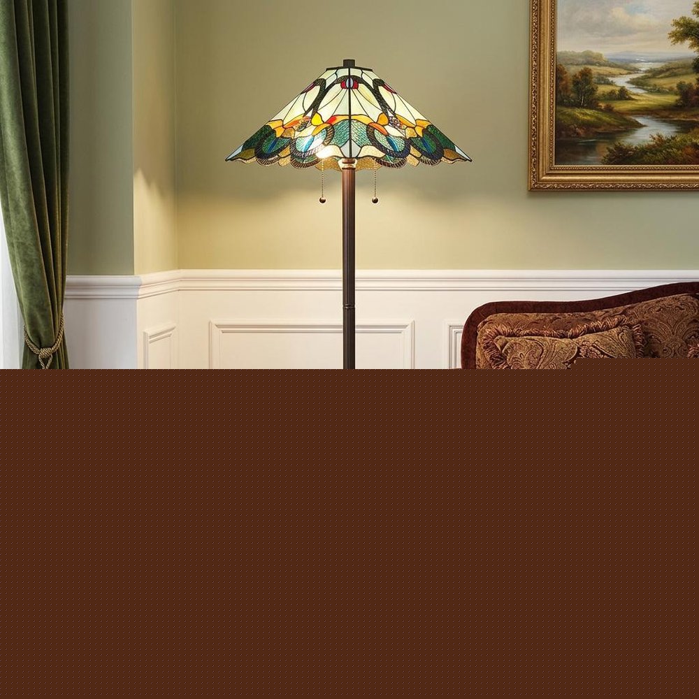 62" Espresso Two Light Torchiere Floor Lamp With Blue Flowers Glass Cone Shade