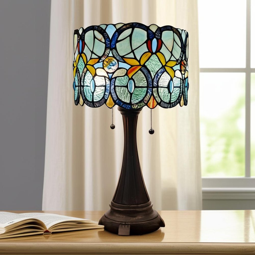 22" Dark Brown Metal Two Light Candlestick Table Lamp With Green Shade