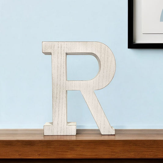 16" White Distressed Wood Letter R Tabletop Sculpture