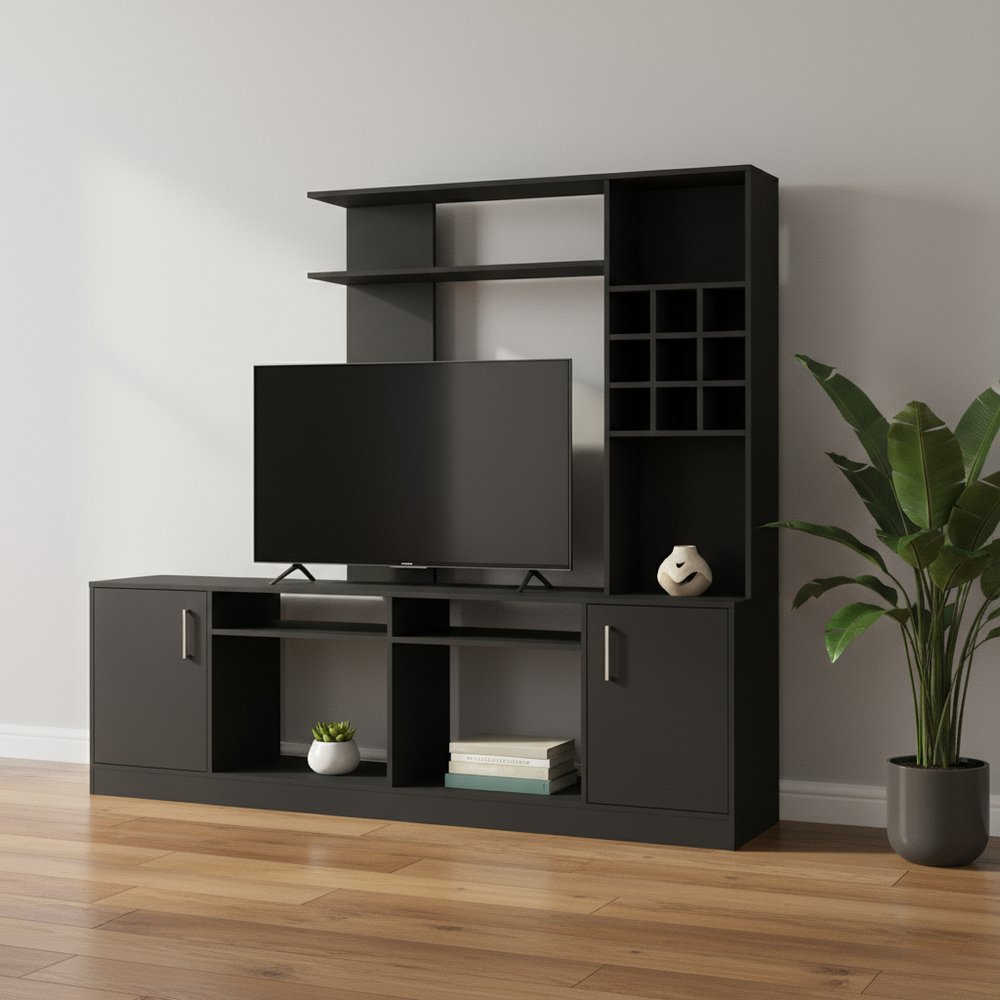 78" Black Wood Open shelving Entertainment Center