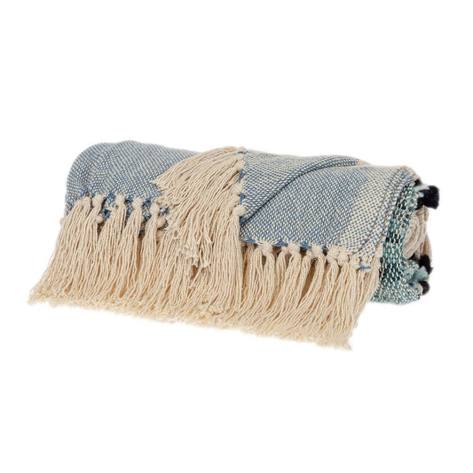 50" X 60" Blue and Ivory Woven Cotton Striped Throw Blanket with Tassels