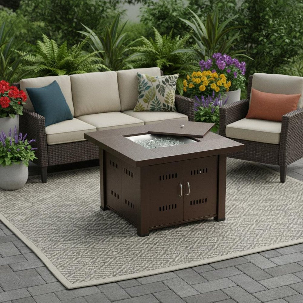 40000 BTU 38" Antiqued Bronze Steel Propane Square Fire Pit Table With Cover