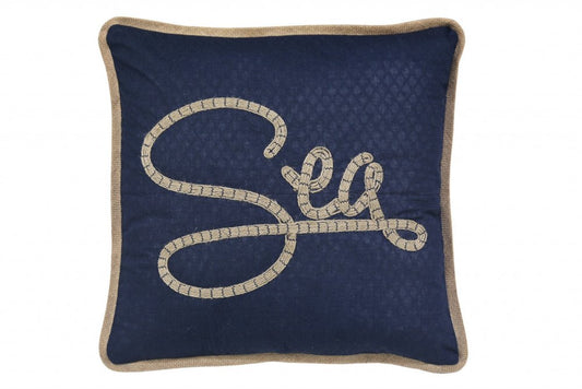 17" Navy Blue and Brown Sea Throw Pillow with Embroidery