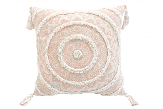 18" Peach and White Throw Pillow with Tassels