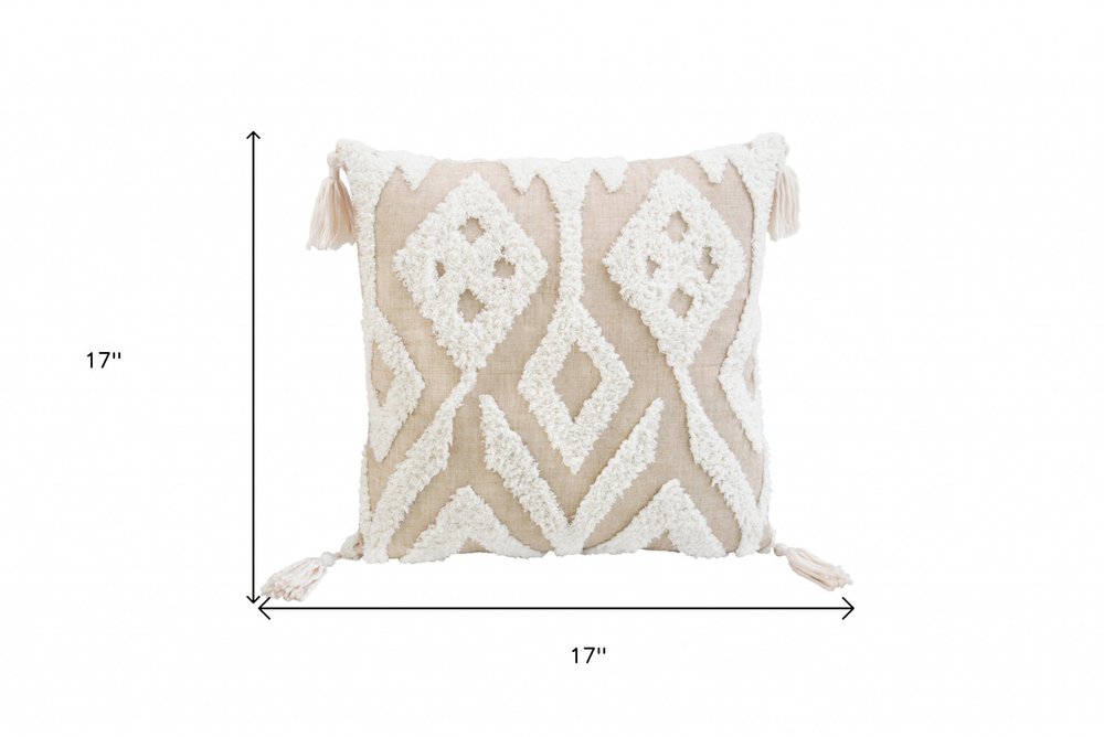 17" X 17" Beige And White Ikat Zippered Polyester Throw Pillow With Tassels