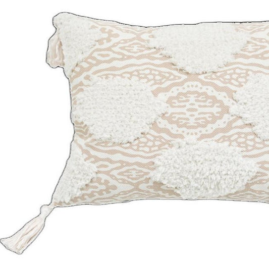 13" X 18" Beige and White Throw Pillow with Tassels