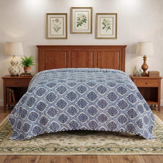 Blue And Ivory Damask Queen Quilt