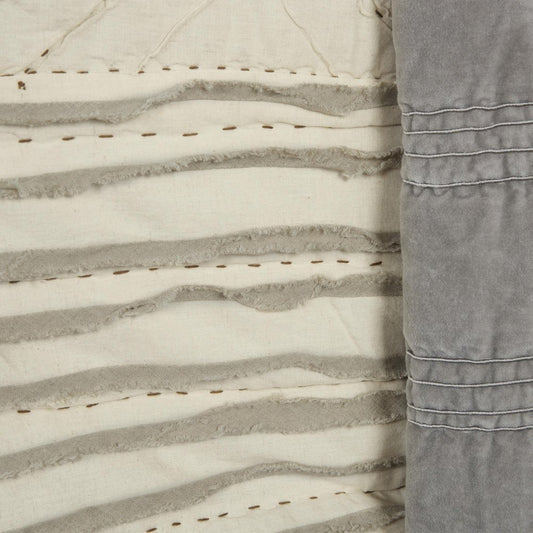 Ivory Geometric King Kantha Stitch Quilt With Shams