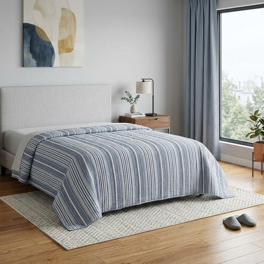 Blue And White Striped Queen Quilt