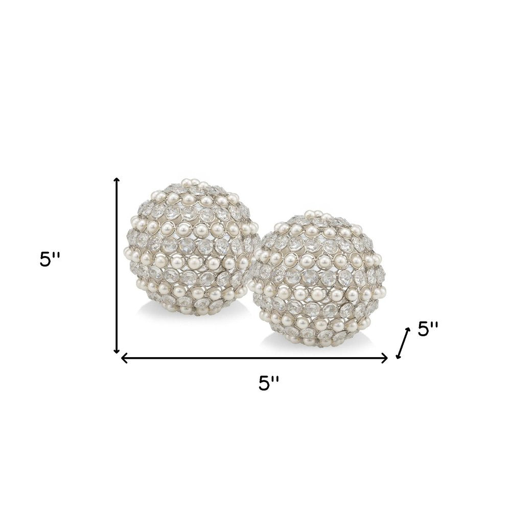 Set of Two Silver And Clear Faux Crystal And Metal Orb Decorative Tabletop Sculptures