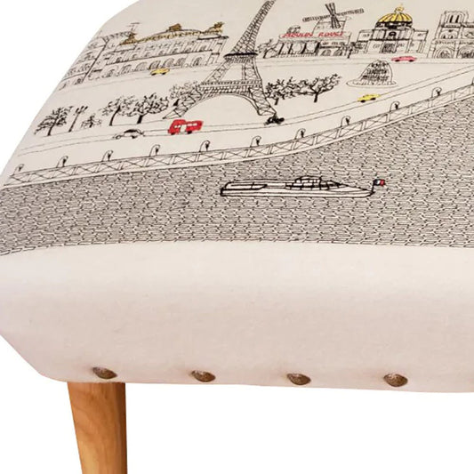 38" Cream Wool And Brown Ottoman