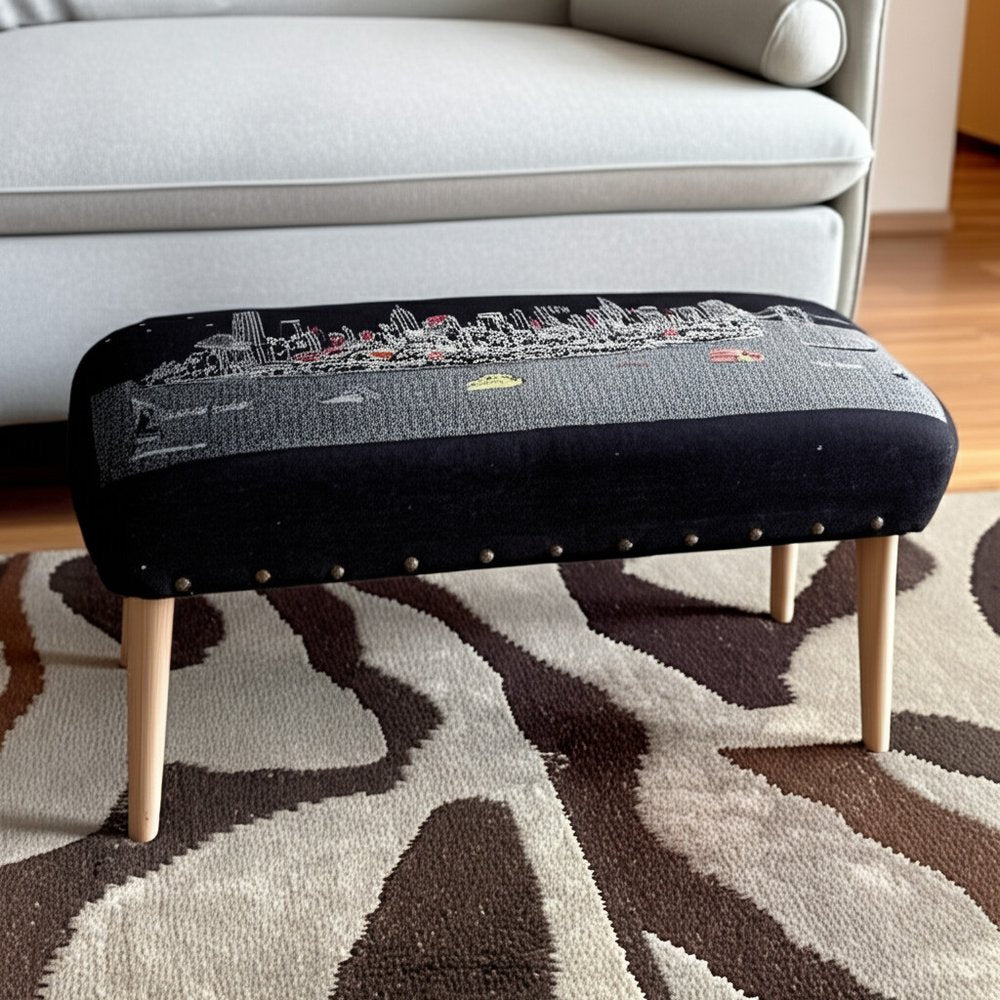 38" Gray Wool and Brown Ottoman