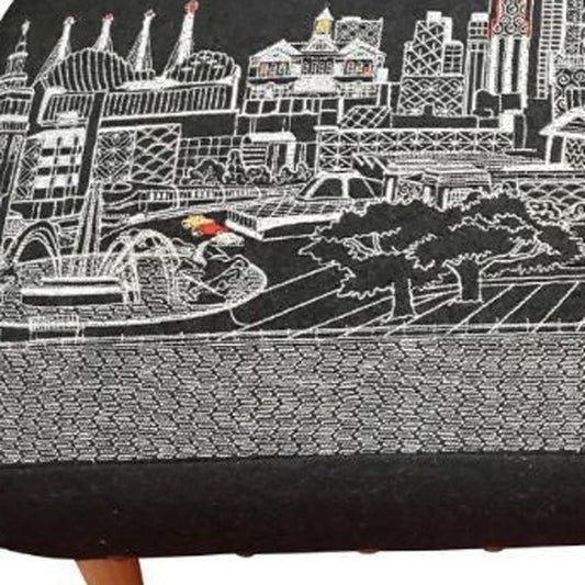 38" Black Wool and Brown Ottoman