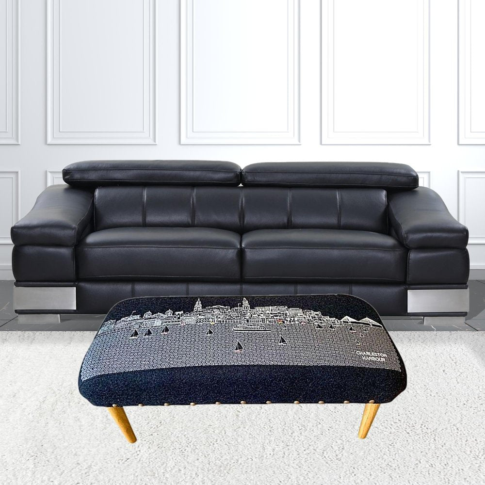 38" Gray Wool and Brown Ottoman