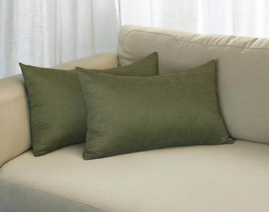 Set of Two 12" X 20" Fern Green Fabric Lumbar Throw Pillow Covers