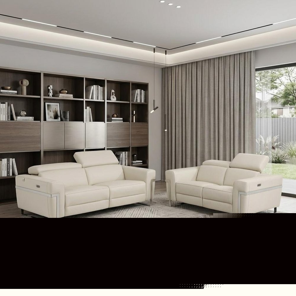 Two Piece Indoor Beige Italian Leather Five Person Seating Set