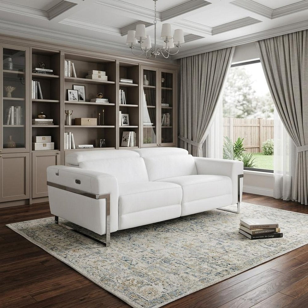 83" White Italian Leather USB Reclining Sofa With Chrome Legs