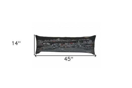 14" X 46" Dark Gray And White New Orleans Nighttime Skyline Lumbar Decorative Pillow