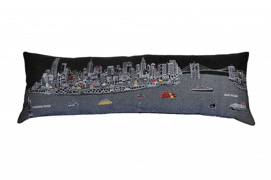 14" X 46" Dark Gray And White NYC Nighttime Skyline Lumbar Decorative Pillow