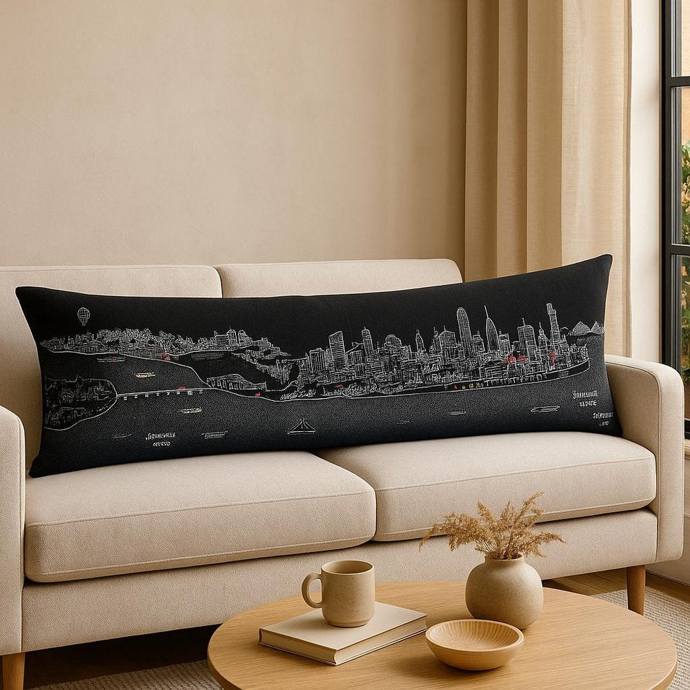 14" X 46" Dark Gray And White Philadelphia Nighttime Skyline Lumbar Decorative Pillow