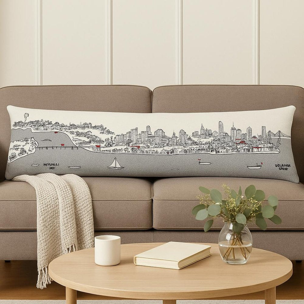 14" X 46" Cream Philadelphia Daylight Skyline Lumbar Decorative Pillow