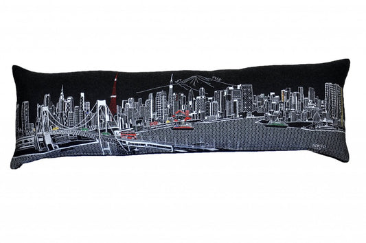 14" X 46" Dark Gray And White Tokyo Nighttime Skyline Lumbar Decorative Pillow