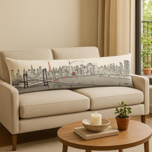 14" X 46" Cream Tokyo Daylight Skyline Lumbar Decorative Pillow