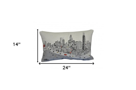 14" X 24" Cream Chicago Daylight Skyline Lumbar Decorative Pillow