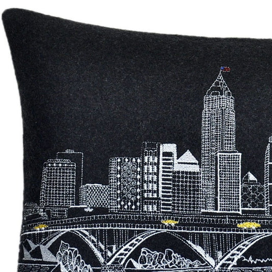 14" X 24" Dark Gray And White Cleveland Nighttime Skyline Lumbar Decorative Pillow