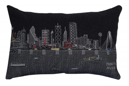 14" X 24" Dark Gray And White Dallas Nighttime Skyline Lumbar Decorative Pillow