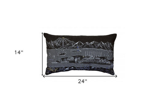 14" X 24" Dark Gray And White Homer Spit Nighttime Skyline Lumbar Decorative Pillow