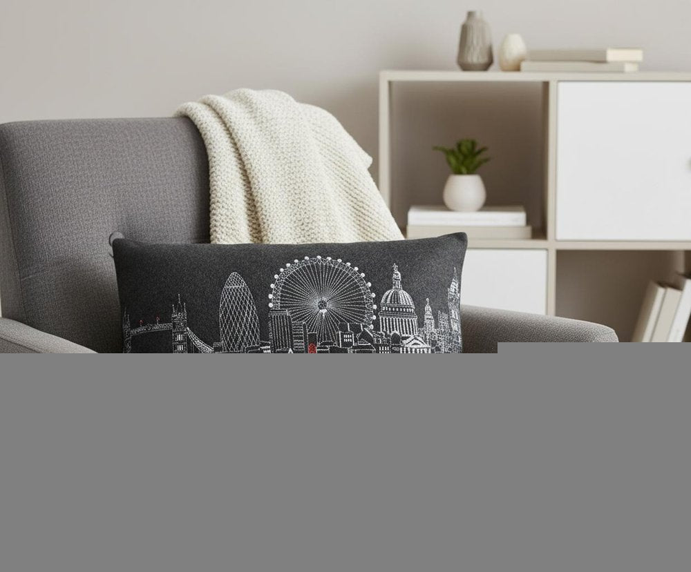 14" X 24" Dark Gray And White London Nighttime Skyline Lumbar Decorative Pillow