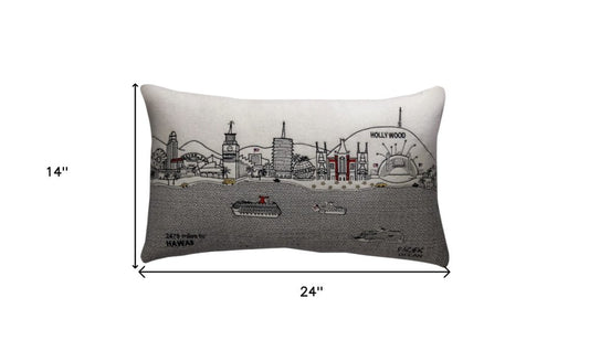 14" X 24" Cream Los Angeles Daylight Skyline Lumbar Decorative Pillow