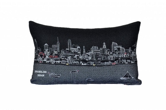 14" X 24" Dark Gray And White Philadelphia Nighttime Skyline Lumbar Decorative Pillow