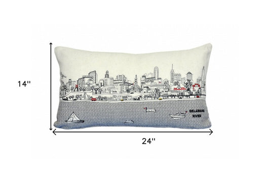 14" X 24" Cream Philadelphia Daylight Skyline Lumbar Decorative Pillow