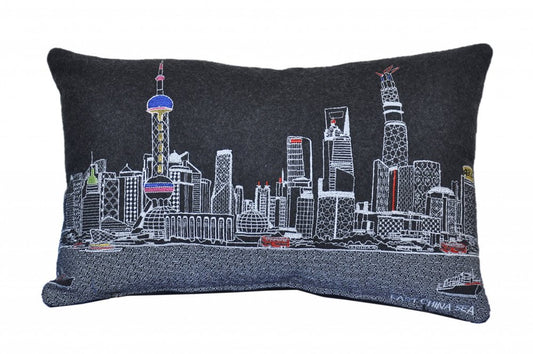 14" X 24" Dark Gray And White Shanghai Nighttime Skyline Lumbar Decorative Pillow