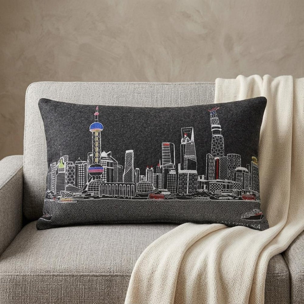 14" X 24" Dark Gray And White Shanghai Nighttime Skyline Lumbar Decorative Pillow