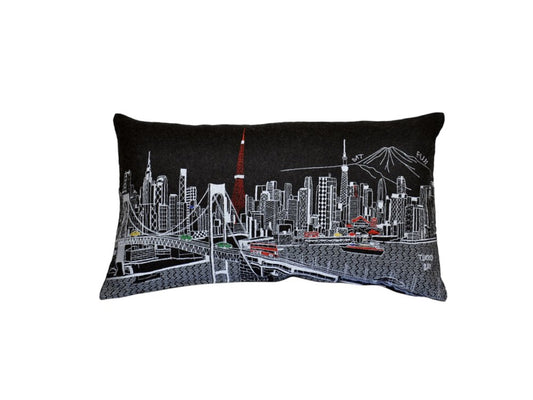 14" X 24" Dark Gray And White Tokyo Nighttime Skyline Lumbar Decorative Pillow
