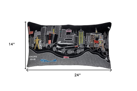 14" X 25" Dark Gray And White Tulsa Nighttime Skyline Lumbar Decorative Pillow
