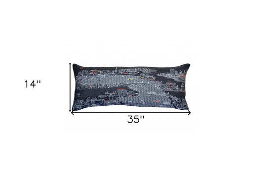 14" X 35" Dark Gray And White Amsterdam Nighttime Skyline Lumbar Decorative Pillow