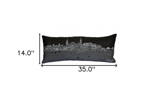 14" X 35" Dark Gray And White Charleston Nighttime Skyline Lumbar Decorative Pillow