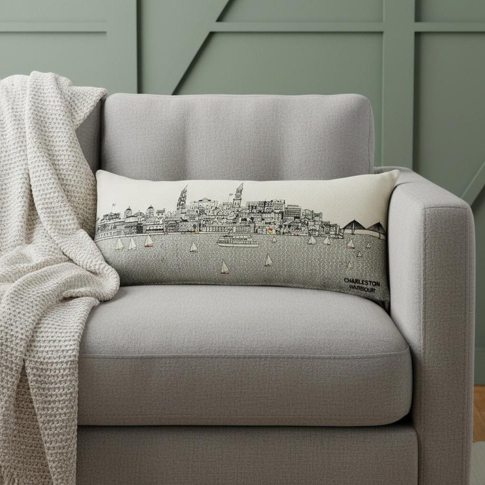 14" X 35" Cream Charleston Daylight Skyline Lumbar Decorative Pillow