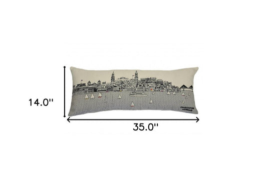 14" X 35" Cream Charleston Daylight Skyline Lumbar Decorative Pillow