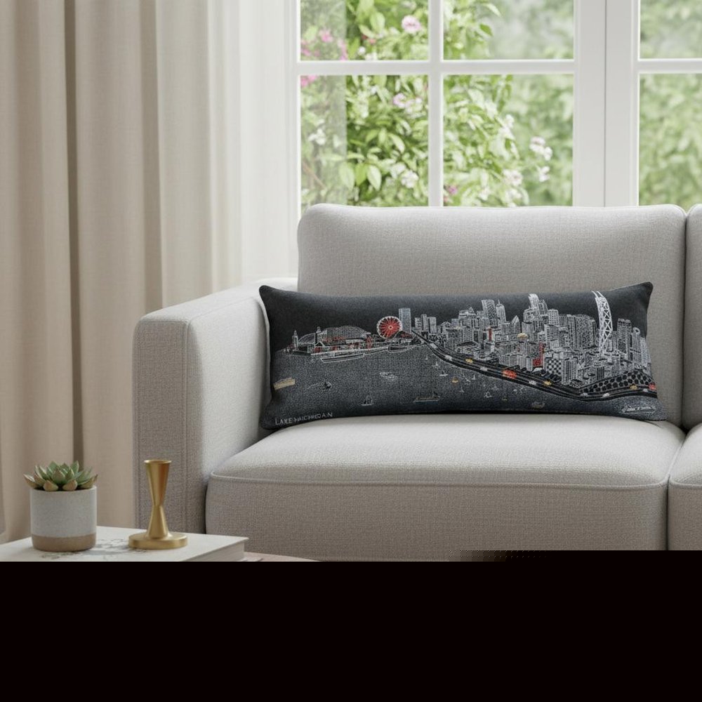 14" X 35" Dark Gray And White Chicago Nighttime Skyline Lumbar Decorative Pillow