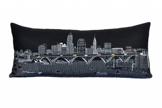 14" X 35" Dark Gray And White Cleveland Nighttime Skyline Lumbar Decorative Pillow