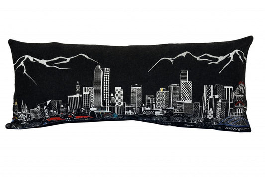 14" X 35" Dark Gray And White Denver Nighttime Skyline Lumbar Decorative Pillow