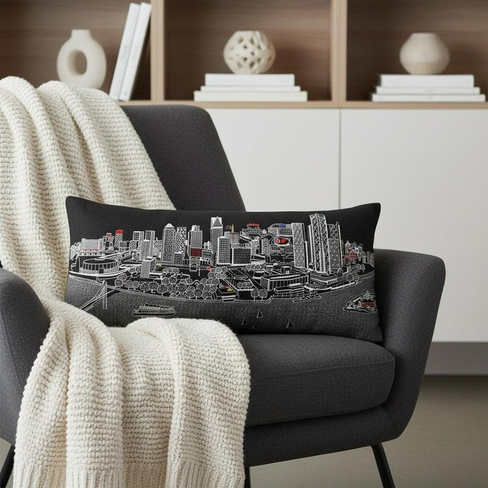 14" X 35" Dark Gray And White Detroit Nighttime Skyline Lumbar Decorative Pillow